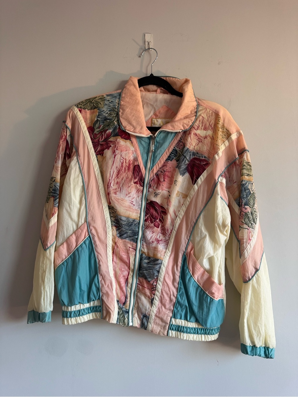 Vintage 90s East West Retro Floral Windbreaker Pink White Blue Varsity Jacket